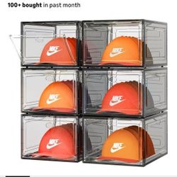 6 Pack Hat Organizer Box, Stackable Clear Baseball Caps Holder Box Containers with Magnetic Door for Hats Snapback Cap Storage
