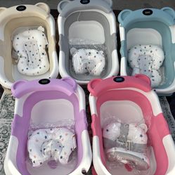 New Foldable Baby Bathtub w/ Digital Thermometer & Bath Support - Bear Design, Multiple Colors