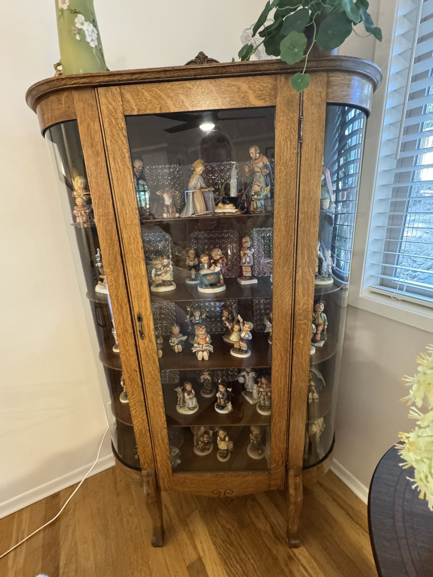 Vintage Solid Oak Curio Display Cabinet With Curved Glass
