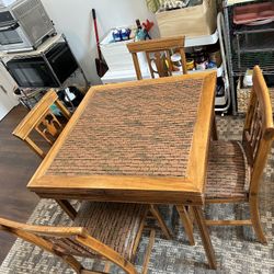 Fort Massac 1940s MCM Vintage Antique Folding Table and Chairs Tiny Home RV Airstream with Bamboo Rattan Print Upholstery 