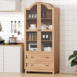 New 71 Tall Arched Pantry Cabinet, Vintage Wood Kitchen Cabinet with 2 Large Drawers, 4-Tier Storage Cabinet with Adjustable Shelf & Magnetic Clasp Do
