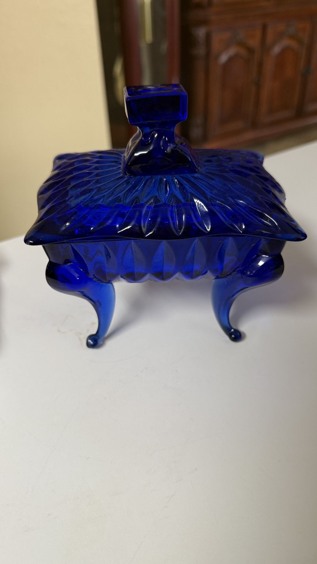 Vintage Cobalt Blue Glass Trinket Jewelry Box with Queen Anne Legs And lid 