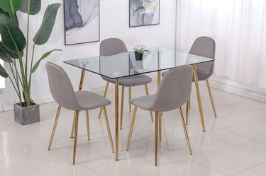 Gold Glass Rectangle Kitchen Table And 4 Gray Velvet Chairs