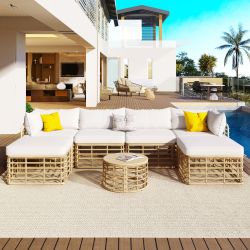7 Pieces Outdoor Patio Furniture, All-Weather Rattan Sectional Sofa Set with Thick Cushions and Pillows, Freely Combined Conversation Sets for Gard