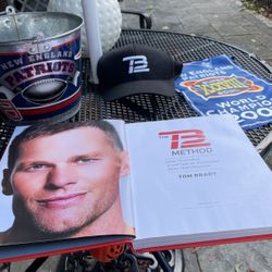 Tom Brady And Patriots Items: TB 12 Black New Baseball Cap, TB 12 Book, Patriots Metal Bucket,patriots 2003 Mini Championship Flag