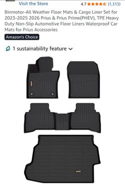 Binmotor-All Weather Floor Mats & Cargo Liner Set for 2023-2025 2026 Prius & Prius Prime(PHEV), TPE Heavy Duty Non-Slip Automotive Floor Liners Waterp