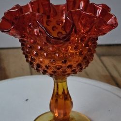 1970s Fenton Amberina Ruffled Edge Hobnail Glass Compote