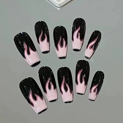 Pink Flame | Hand-made nail Wear Hand painted Black Powder Sweet Cool Spice Medium long removable nail patch