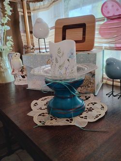 Teal Painted Pedestal with Glass Dish Candle holder