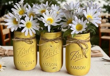 LITTLE SUNSHINE white daisies yellow chalk painted distressed mason jars trio