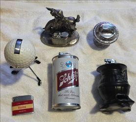 Vintage Table Lighters Collection Lot of 6 - 1962 Schlitz, Golf, Western Cowboy, Joan of Arc