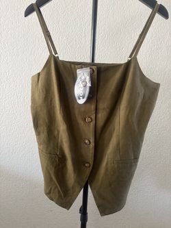 Olive Green Button-Front Linen Vest