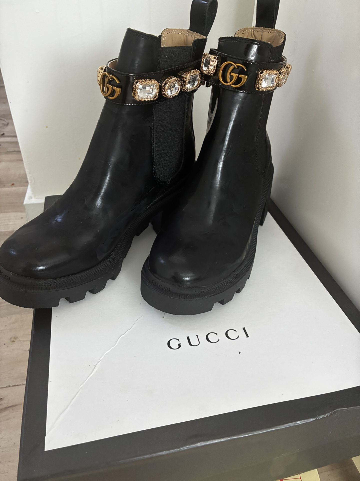 Gucci Trip GG Crystal Patent Leather Ankle Boots