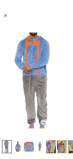 Men's Blippi Plush Hooded Halloween jumpsuit Blue & Orange size small