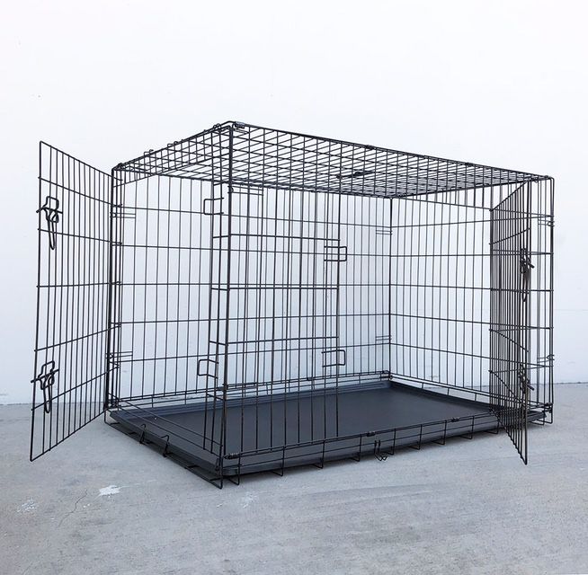 (NEW) $75 Folding 48” Dog Cage 2-Door Pet Crate Kennel w/ Tray 48”x29”x32” 