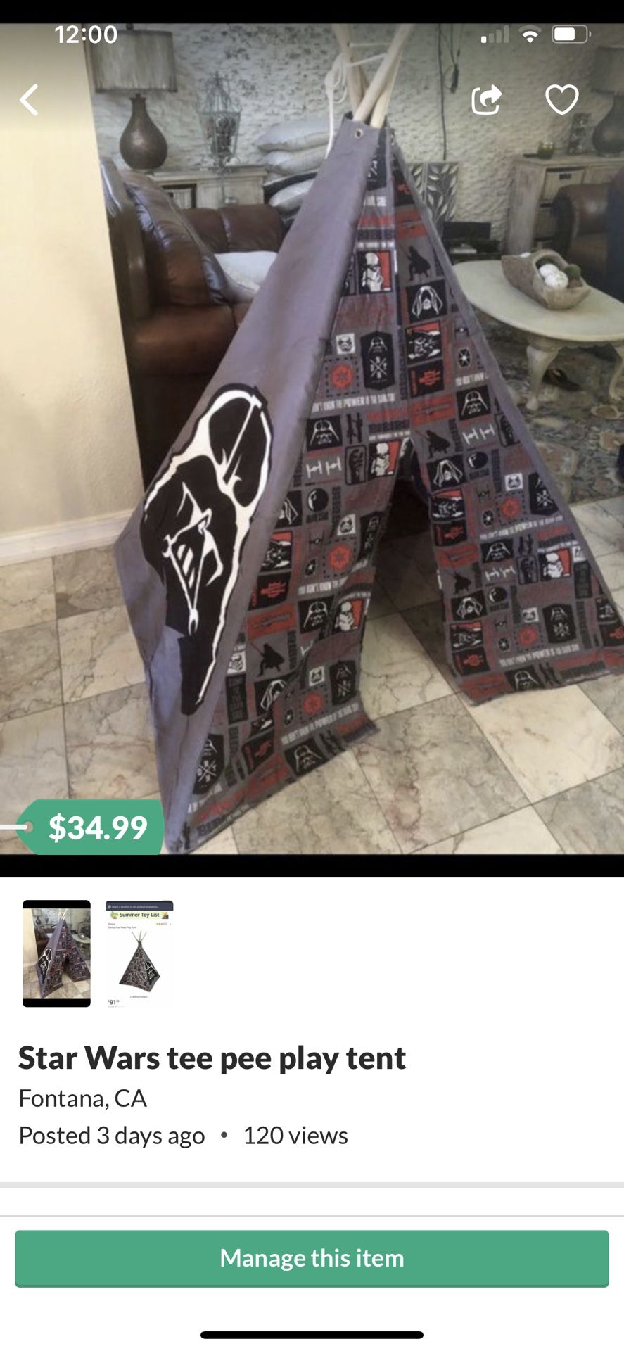 Brand New Star Wars tee pee tent. Never opened