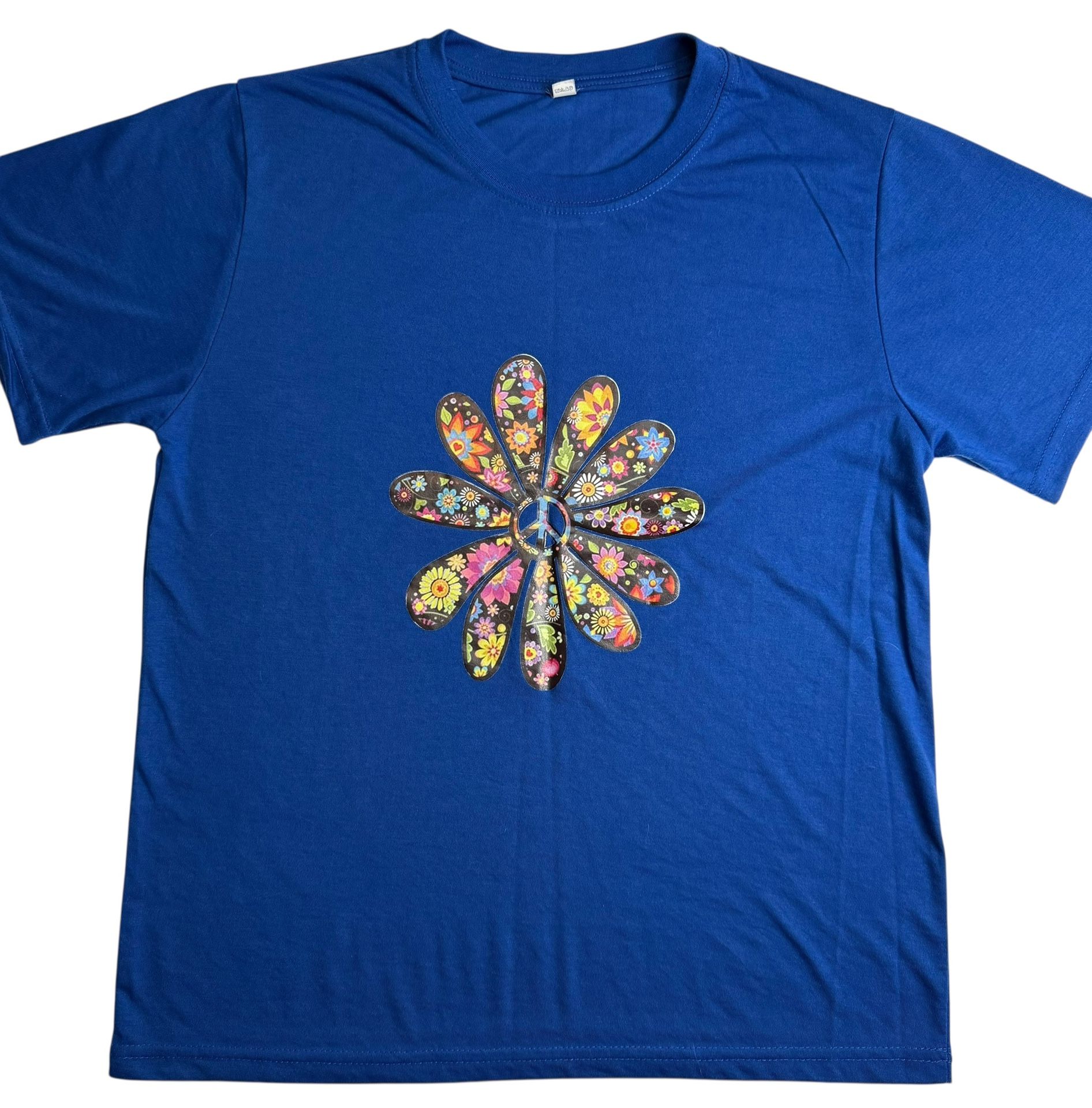 Blue Peace Sign Daisy Flower Power T-Shirt XL Hippie Retro Festival Tee