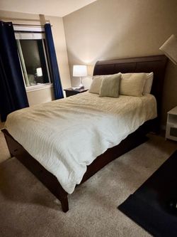 Dark Wood Queen Sleigh Bed Frame and night stand