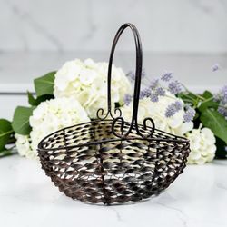 Vintage Woven Metal Basket Swing Handle Centerpiece 12x9x6”