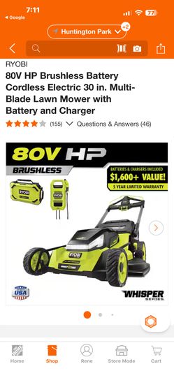 RYOBI 80V HP Brushless Battery Cordless Electric 30 in. Multi-Blade Lawn Mower with Battery and Charger Brand New 