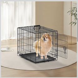 MoNiBloom 24" Dog Crates, Foldable Metal Wire Dog Cage with Double-Door, Outdoor Indoor Pet Kennels, Includes Leak-Proof Pan, Divider Panel, Black,
