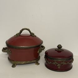 Set of Vintage Burgundy Beautiful Ceramic Bowls w/Brass Decor and Lids