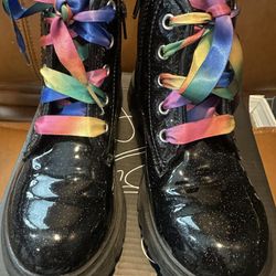 Girls, Black Glitter Boots With Rainbow Laces