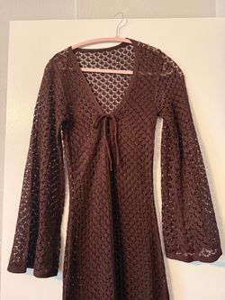 Cupshe Women’s Brown Crochet Long Sleeve Tie Front Lightweight Cover Up S