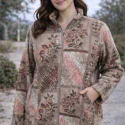 Tanjay Floral Fleece Zip Jacket Women’s Large Neutral Brown Pink