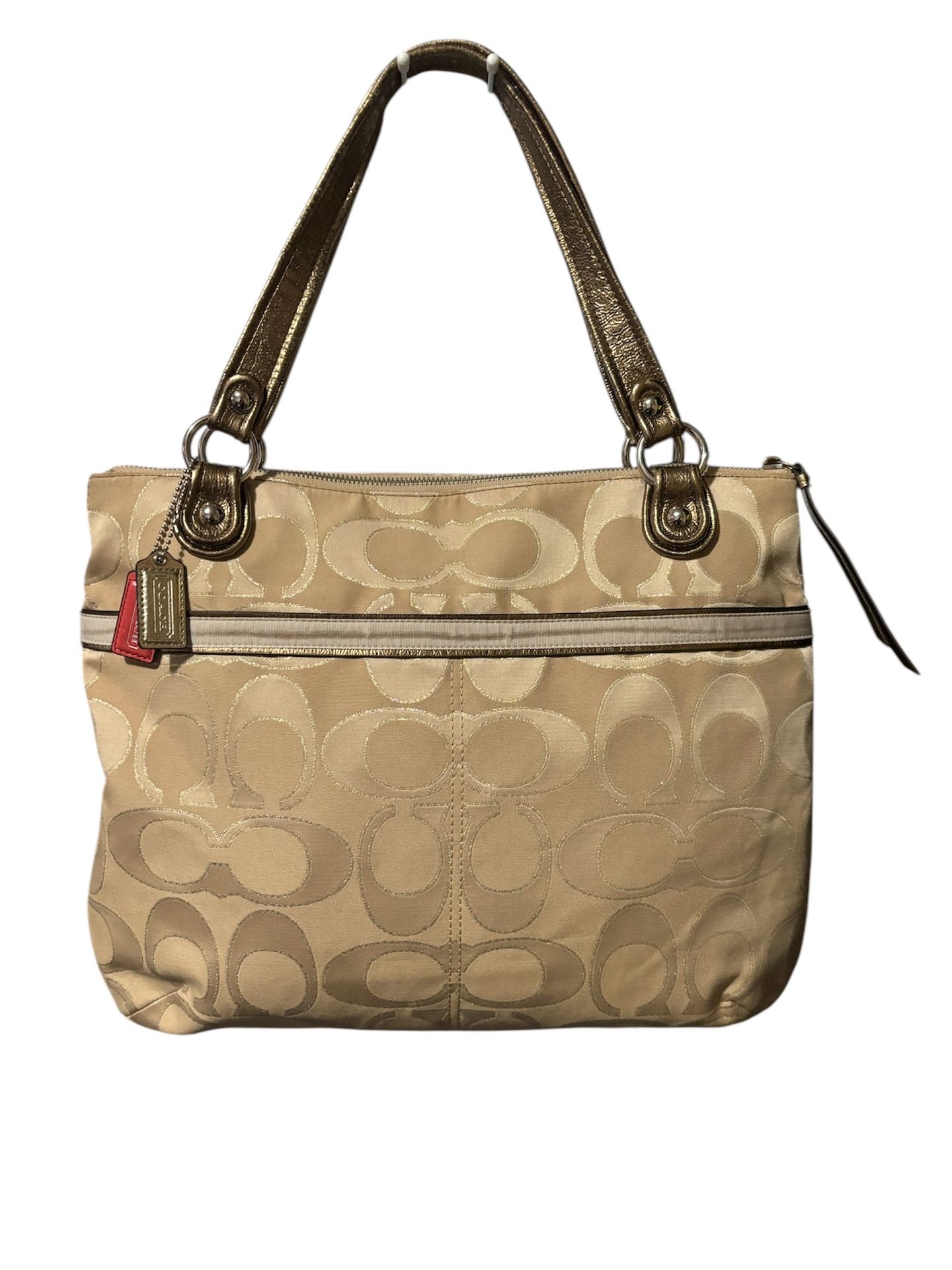 Coach Poppy Signature Logo Beige Metallic Slim Hobo Bag 18979 Pink Lining