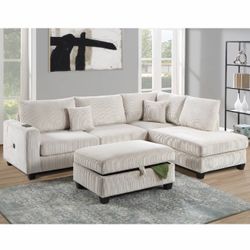 Ivory Sectional With Storage Ottoman And USB Port
