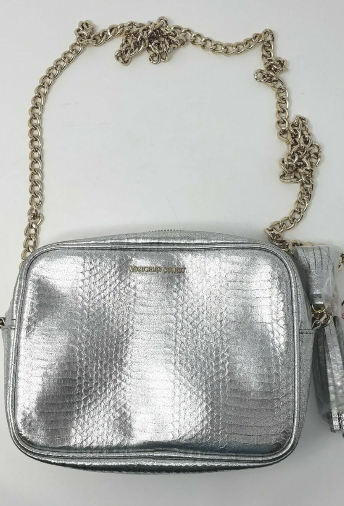 Victoria's Secret Silver Snake Metallic Crossbody Bag Purse with Gold Chain 