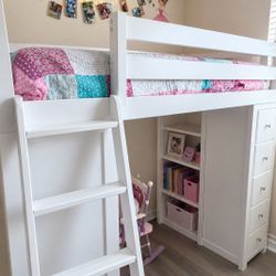 White Kids Loft Bed with Desk & Storage