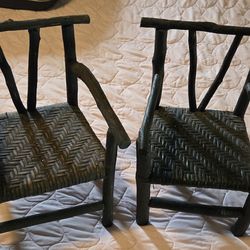 Two vintage  rustic miniature chairs, woven seats for dolls or plants