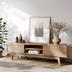 0958d  59" TV Console, Mid Century Modern TV Stand for 55/60/65 Inch TV, Low Profile Media Console with Fluted Sliding Doors, Boho Wood Credenza for L