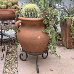 Large Terracotta Planter Pot Centerpiece on Vintage Wrought Iron Stand Cactus Arrangement Plants Landscape Centerpiece Garden Home Decor Live Healthy 