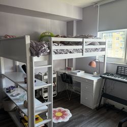 White Full Size Wood Loft Bed With Ladder, 3 Shelves, 5 Drawers, and Desk