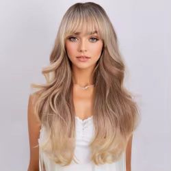 Long Wavy Blonde Ombre Wig with Bangs