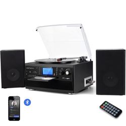 DIGITNOW Bluetooth Record Player Turntable with Stereo Speaker, LP Vinyl to MP3 Converter with CD, Cassette, Radio, Aux in and USB/SD Encoding, Remote