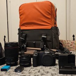 Canon EOS R8 4K Camera w  24-105mm F4 and 50mm 1.8 w  bag and extra batteries