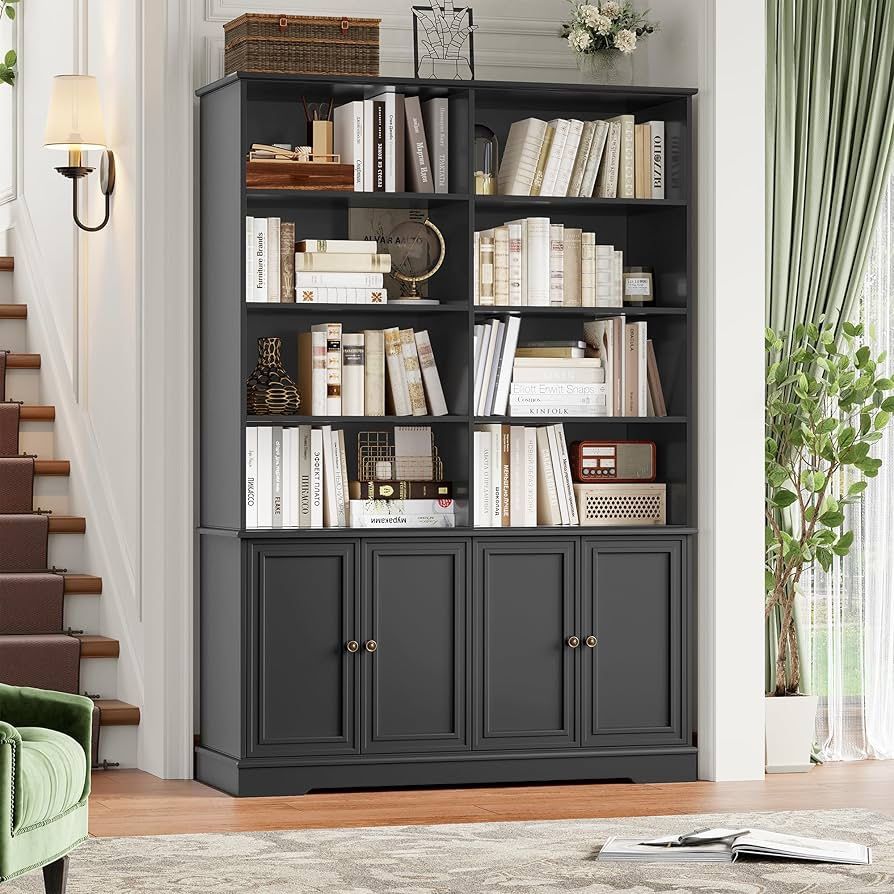 73" Black Bookshelf with Doors, Double Wide Bookcases and Bookshelves, Tall Book Shelf Large Bookcase Standing Book Cabinet for Home Office, Black