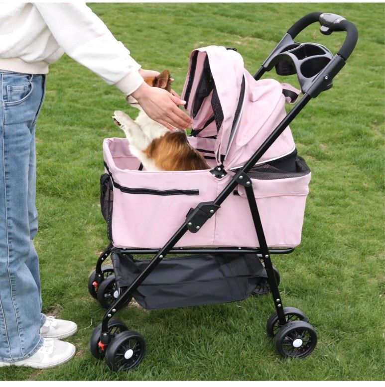Medium Pet Stroller for Dogs Up to 30lbs, One-Hand
Folding, Two-Way Canopy, 4 Wheels for Medium/Small
Dogs and Cats, with Cup Holder.(Pink)