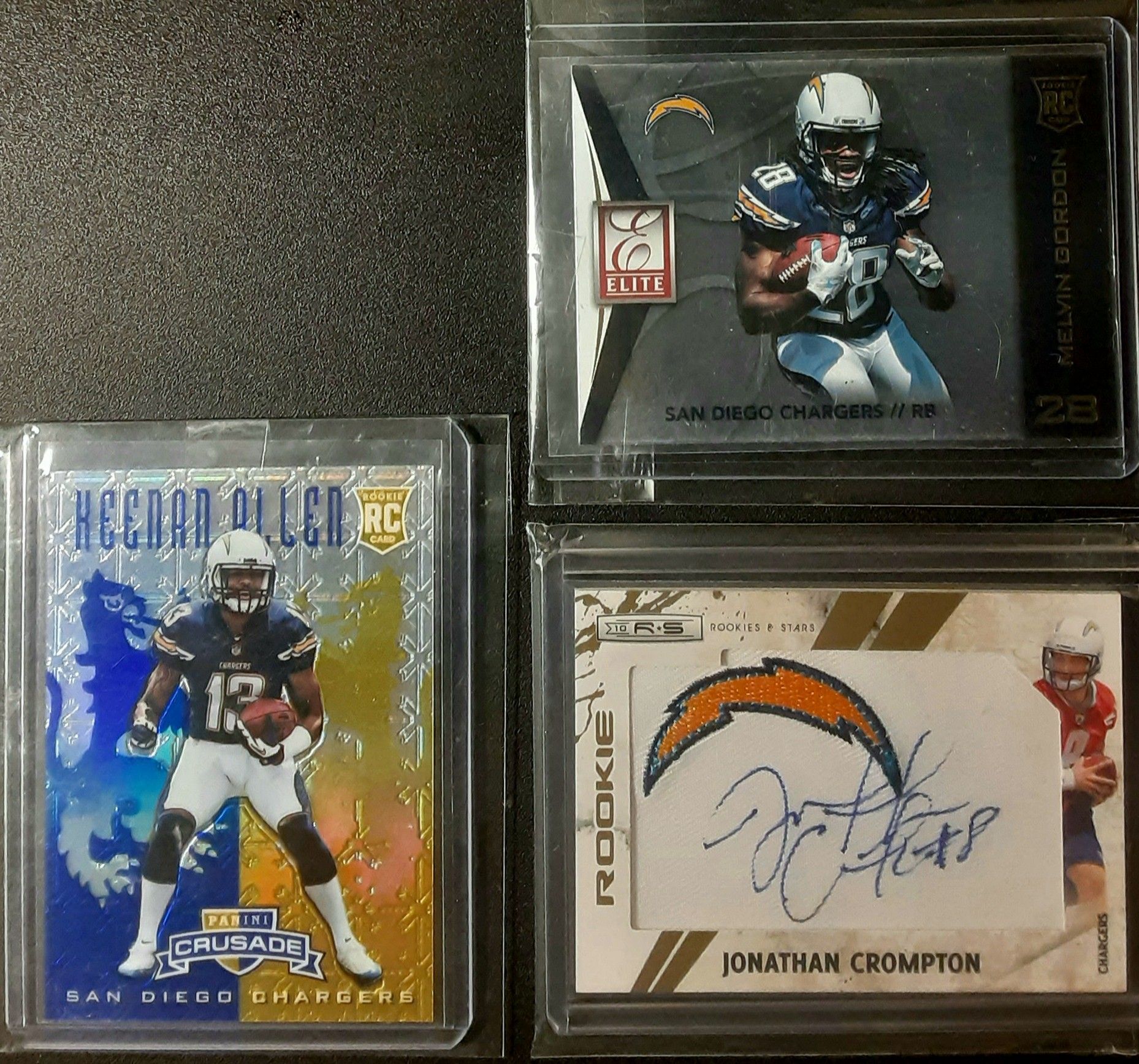 SAN DIEGO CHARGERS ROOKIE AUTO LOT OF 3! KEENAN ALLEN MELVIN GORDON JOHNATHAN CROMPTON JUMBO LOGO JERSEY RELIC