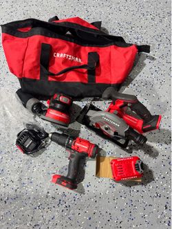 Craftsman 20v 3-tool set with 1/2” hammer drill, 5 1/2” circular saw, 5” orbital sander with 2AH battery, charger and bag.