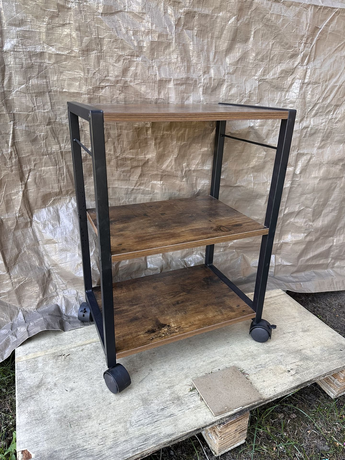 Rolling Industrial Wood & Metal Shelf – 3 Tiers – Great Condition!