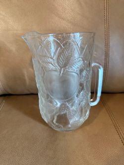 Libbey, Orchard Fruit Clear Glass, Embossed Fruits pitcher- 8.5 high and 5 Inches across