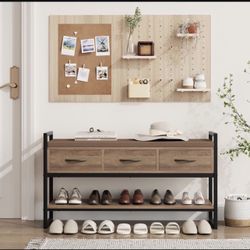 Shoe Bench, 39.4" Shoe Storage with Cushion, Industrial Rack Organizer with Fabric Drawers for Entryway, Hallway, Brown