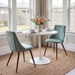 Homy Casa CLIFT+SMEG 3PC Dining Set 31.5” White Round Table with 2 Velvet Cactus Brown Chairs Open Box