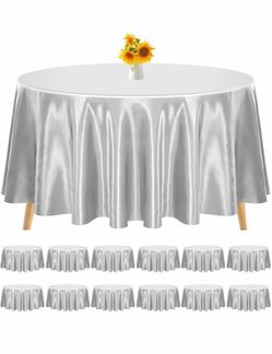 12 Pack 108 Inch Round Satin Tablecloth, Silver Bright Silk Tablecloth, Smooth Washable Fabric Table Covers, Overlay Silky Decoration Wedding Party Ba