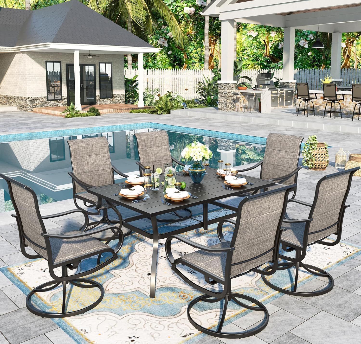 New Heavy Duty 7 Piece Patio Dining Set, Outdoor Table Chair Set with 6 Patio Swivel Chairs and 1 Metal Dining Table (1.9 Inch Umbrella Hole), Patio F